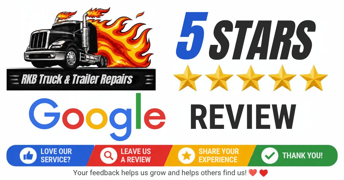 5 stars Google review — love our service? Leave us a review for RKB Truck & Trailer Repairs
